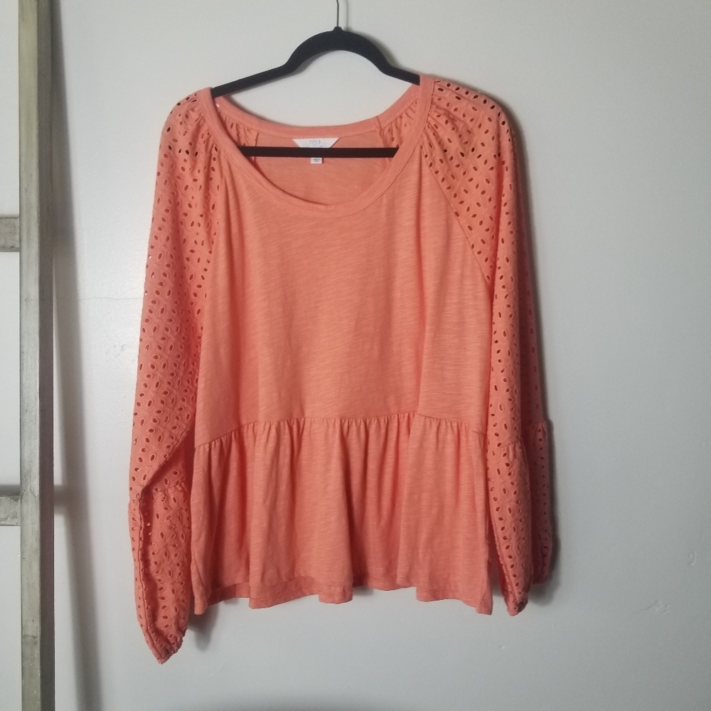 TIME AND TRU BRIGHT ORANGE PEPLUM BLOUSE WITH EYELET SLEEVES SIZE XL